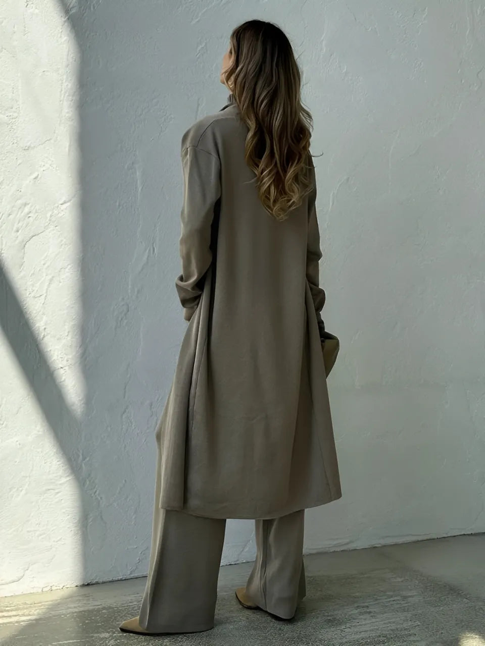 Women's 3-Piece Set with Ribbed High-Neck Blouse, Elastic Waist Wide-Leg Pants, and Long Cardigan - Lolla