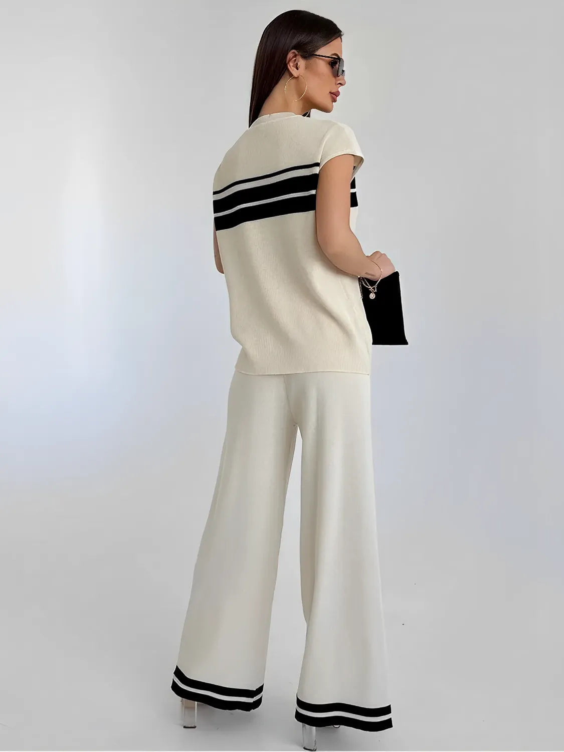 Women's Viscose Striped Set with Short Sleeve Blouse and Elastic Waist Pants - Emilia