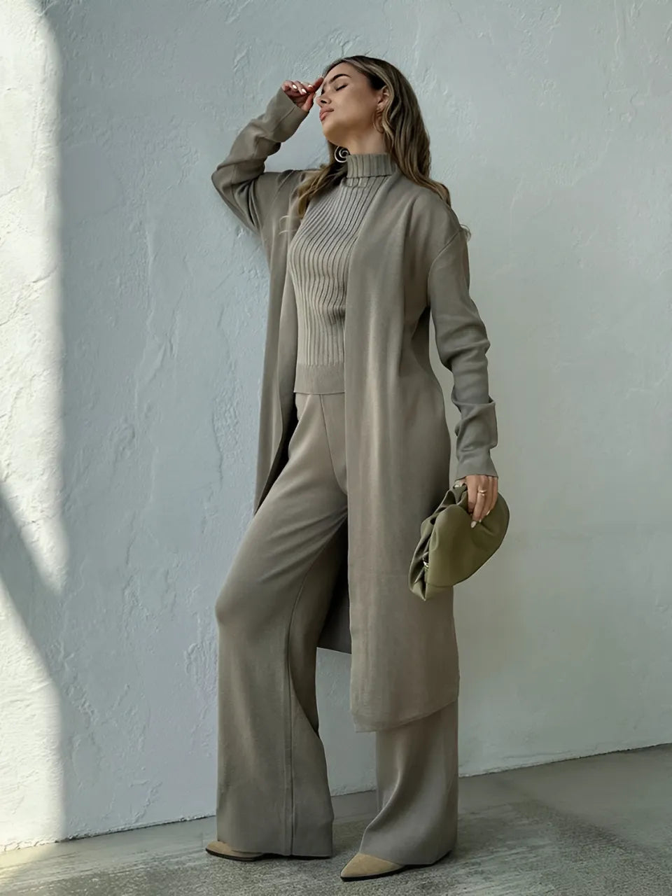 Women's 3-Piece Set with Ribbed High-Neck Blouse, Elastic Waist Wide-Leg Pants, and Long Cardigan - Lolla