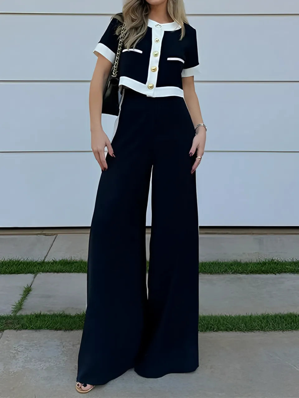 Women's Comfortable Set: Cropped Button-Down Blouse and High-Waist Pants - Victoria