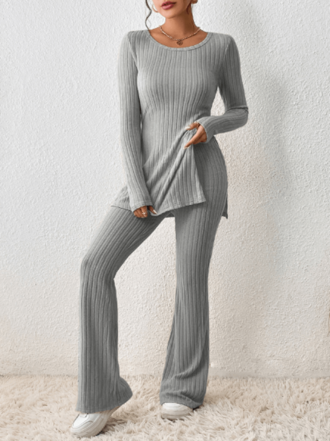 Women's Ribbed Knit Set with Long-Sleeve Mullet Blouse with Side Slits and High-Waisted Elastic Flare Pants - Sabrina