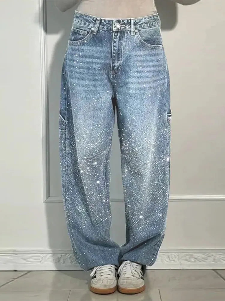 Women's High-Waisted Jeans with Luxurious Rhinestones