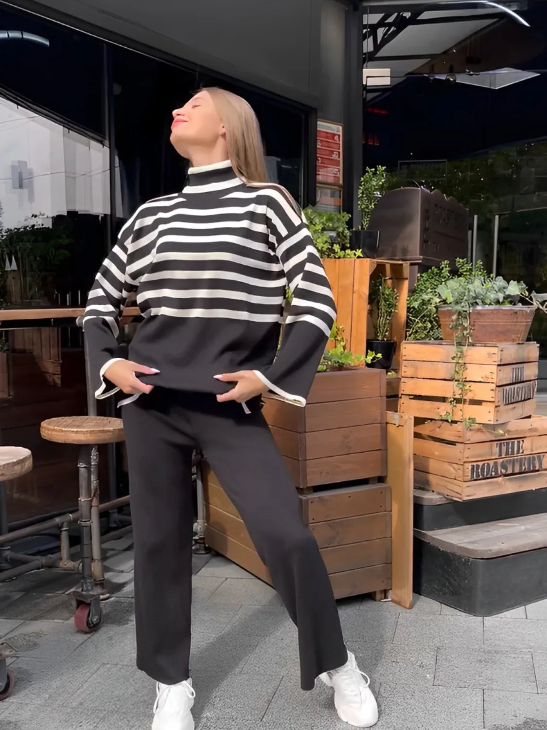 Women's Knit Set with Striped High-Neck Sweater and Comfortable Pants - Tarcila